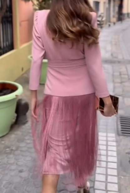 Pink Satin V-Neck Tassel Dress