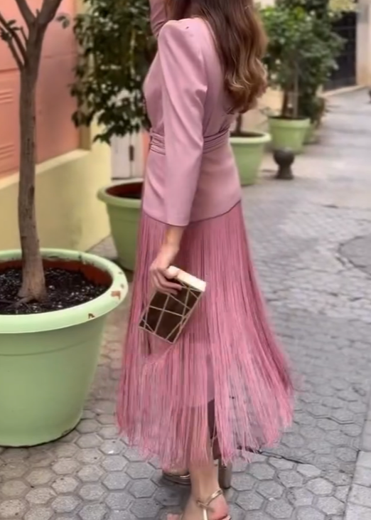 Pink Satin V-Neck Tassel Dress