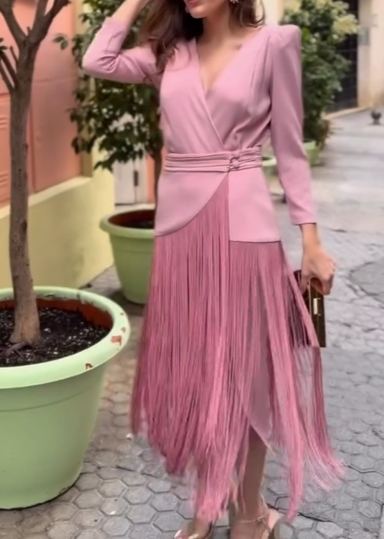 Pink Satin V-Neck Tassel Dress