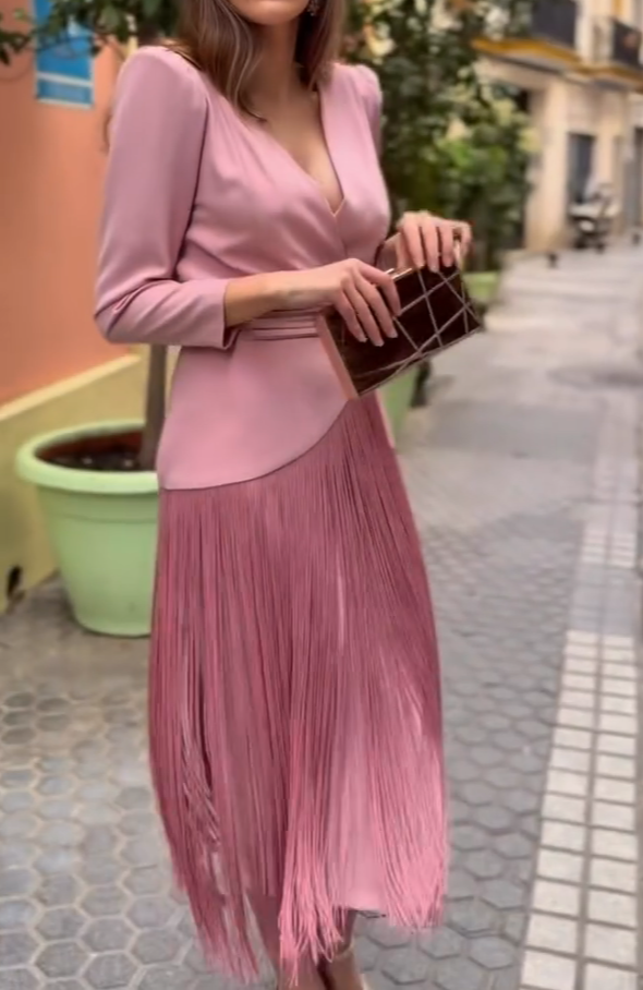 Pink Satin V-Neck Tassel Dress