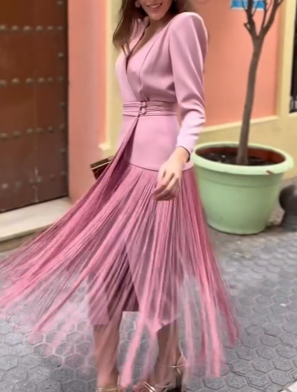 Pink Satin V-Neck Tassel Dress