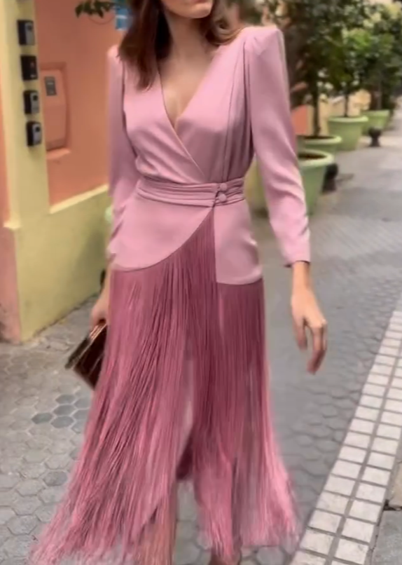 Pink Satin V-Neck Tassel Dress