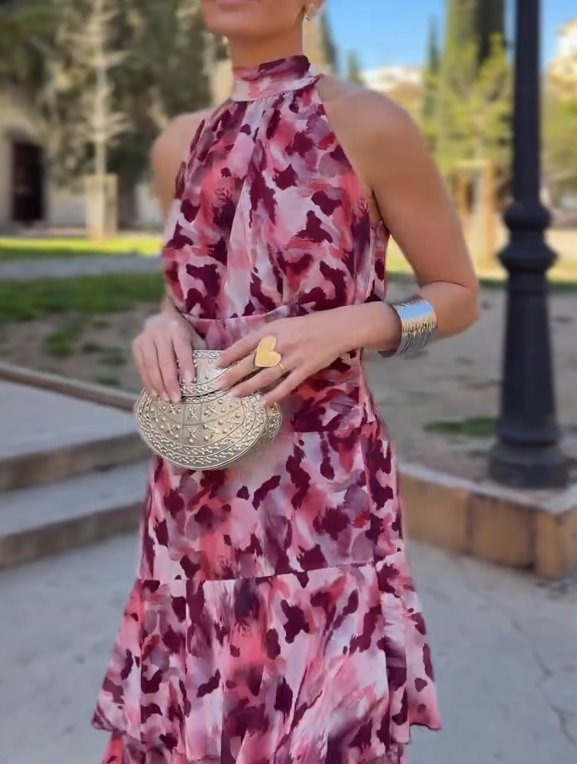 Tie-Dye Halter Layered Maxi Dress