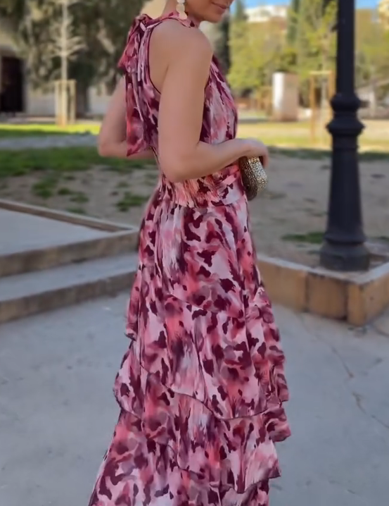 Tie-Dye Halter Layered Maxi Dress