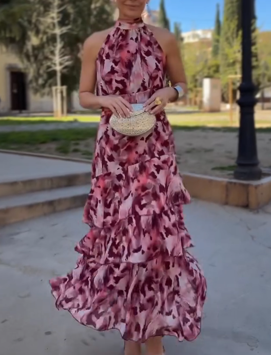 Tie-Dye Halter Layered Maxi Dress