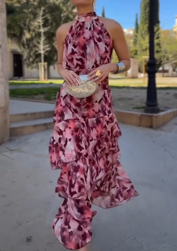 Tie-Dye Halter Layered Maxi Dress