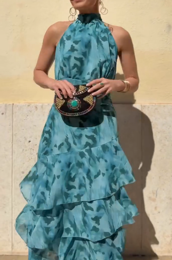 Tie-Dye Halter Layered Maxi Dress