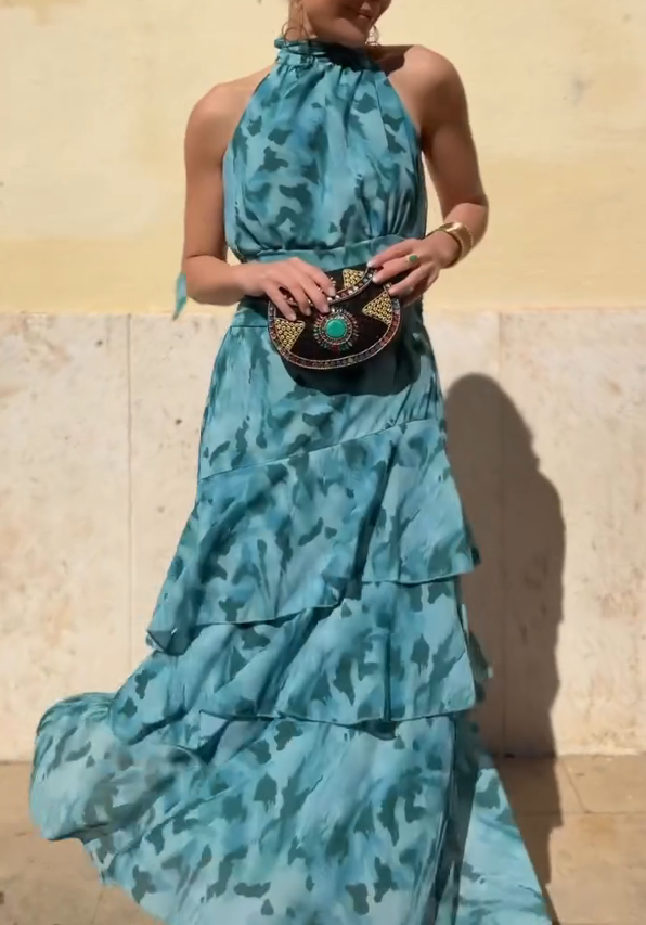 Tie-Dye Halter Layered Maxi Dress