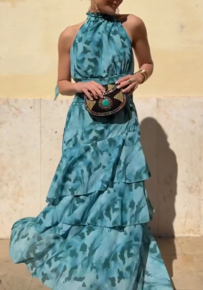 Tie-Dye Halter Layered Maxi Dress