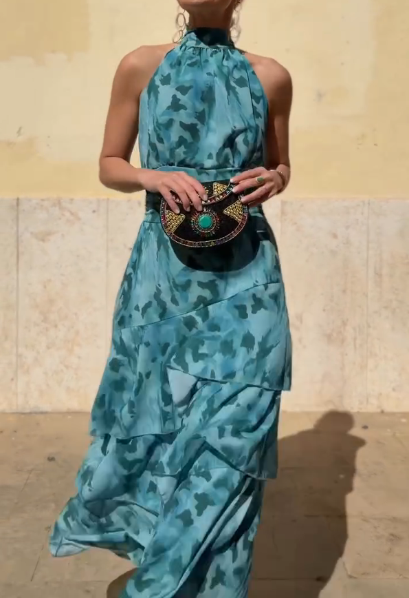 Tie-Dye Halter Layered Maxi Dress