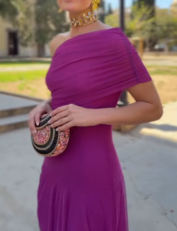 Fuchsia Purple One-Shoulder Mesh Fishtail Maxi Dress