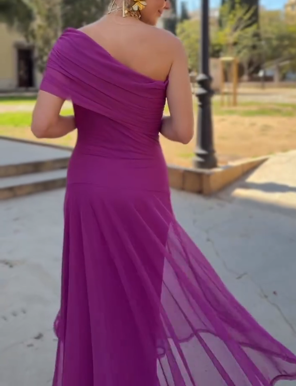 Fuchsia Purple One-Shoulder Mesh Fishtail Maxi Dress