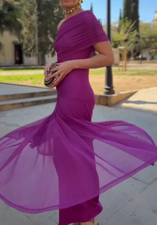 Fuchsia Purple One-Shoulder Mesh Fishtail Maxi Dress