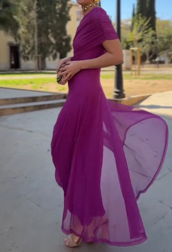 Fuchsia Purple One-Shoulder Mesh Fishtail Maxi Dress