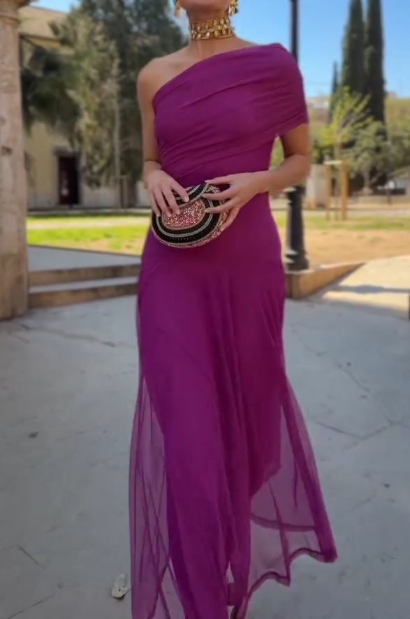 Fuchsia Purple One-Shoulder Mesh Fishtail Maxi Dress