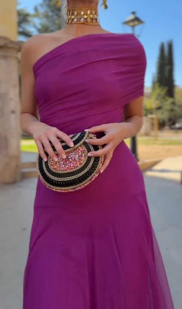 Fuchsia Purple One-Shoulder Mesh Fishtail Maxi Dress