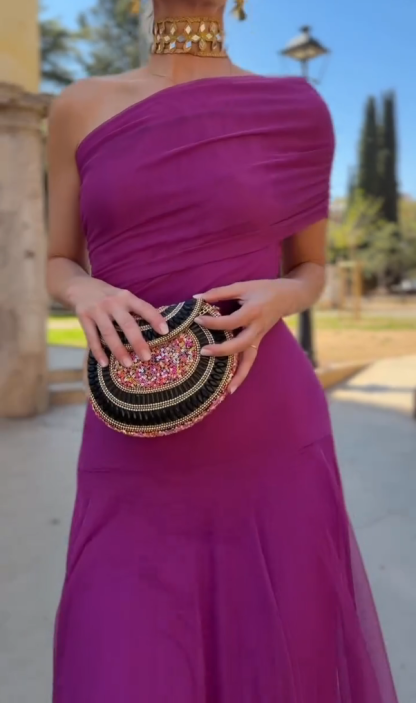 Fuchsia Purple One-Shoulder Mesh Fishtail Maxi Dress