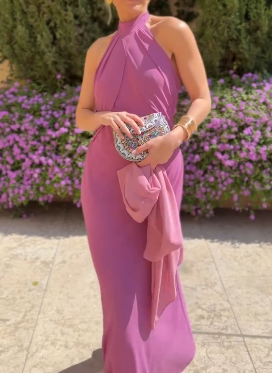 Halter-Neck Backless Satin Dress