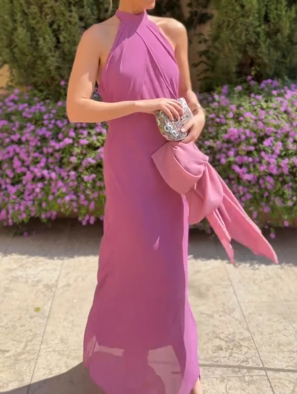 Halter-Neck Backless Satin Dress