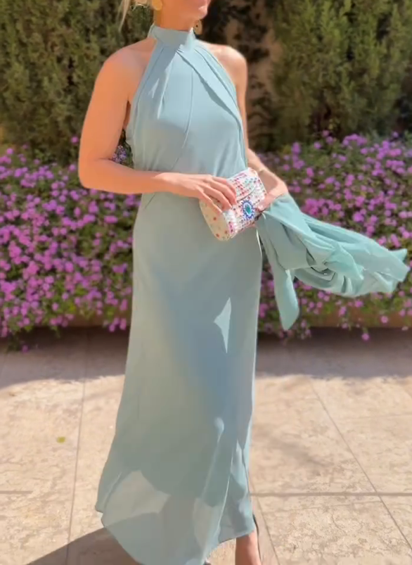 Halter-Neck Backless Satin Dress