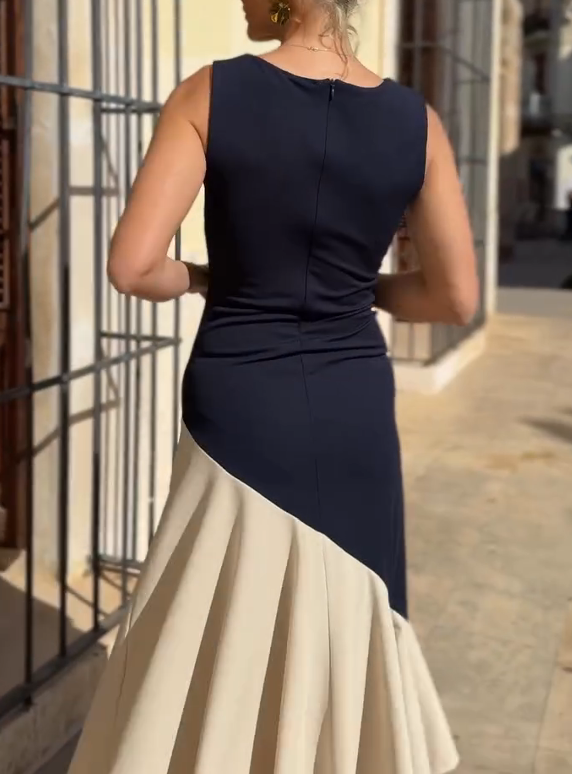 Navy Blue and Beige Color-Blocked Sleeveless Dress