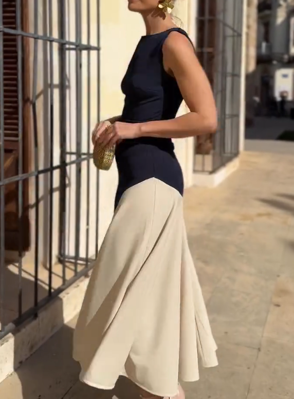 Navy Blue and Beige Color-Blocked Sleeveless Dress
