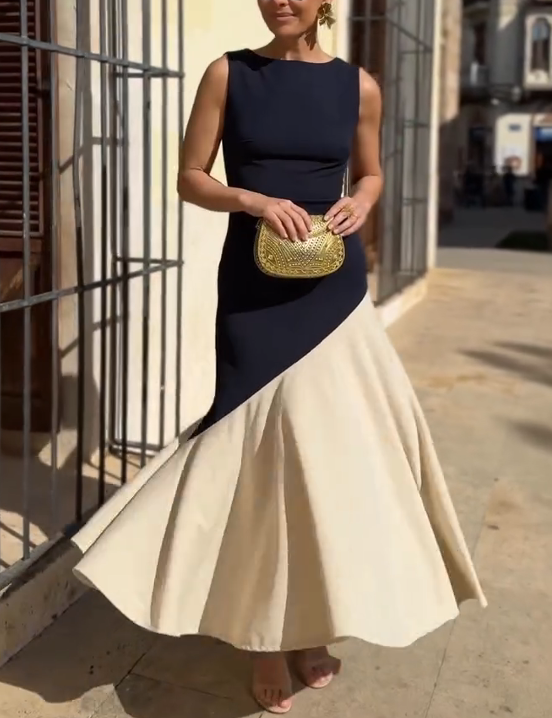 Navy Blue and Beige Color-Blocked Sleeveless Dress