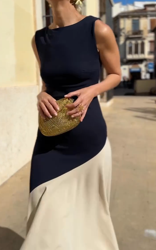 Navy Blue and Beige Color-Blocked Sleeveless Dress