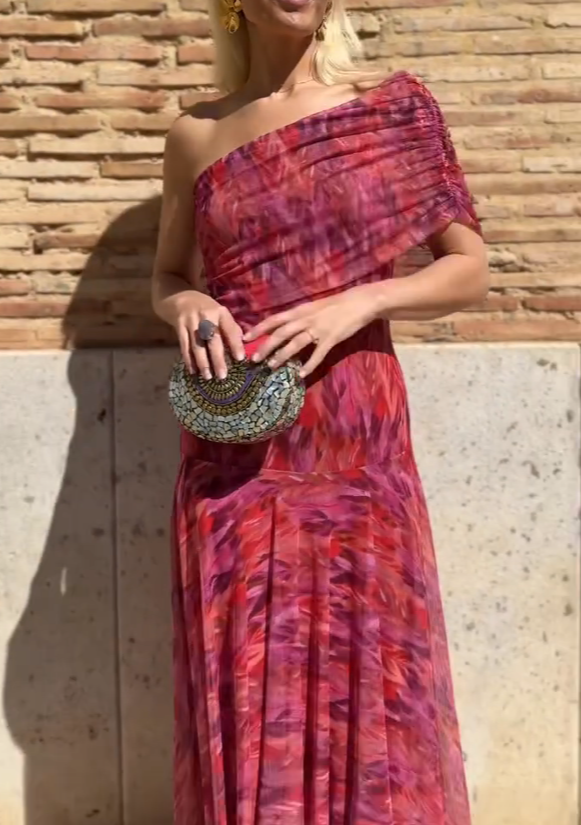 Tie-Dye One-Shoulder Mesh Fishtail Maxi Dress