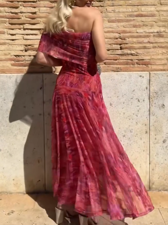 Tie-Dye One-Shoulder Mesh Fishtail Maxi Dress