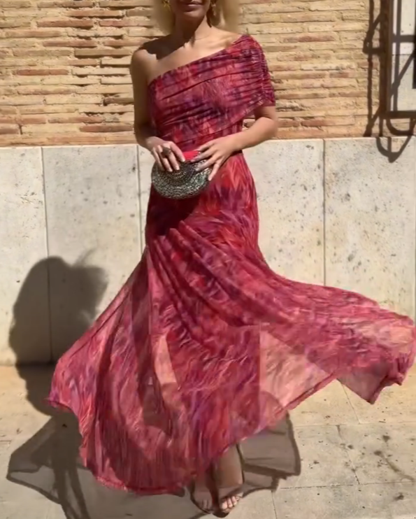 Tie-Dye One-Shoulder Mesh Fishtail Maxi Dress