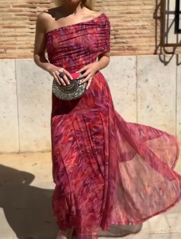 Tie-Dye One-Shoulder Mesh Fishtail Maxi Dress