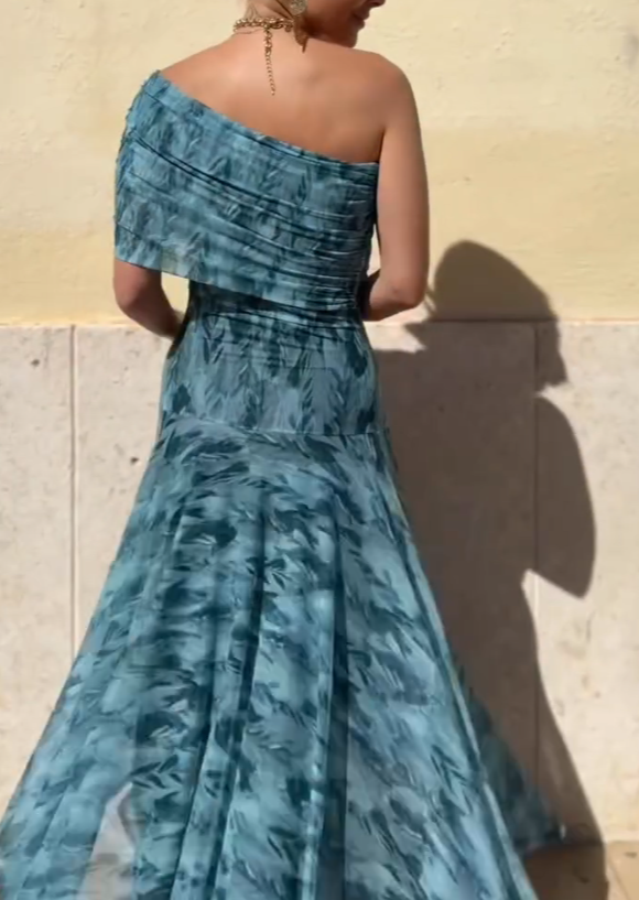 Tie-Dye One-Shoulder Mesh Fishtail Maxi Dress