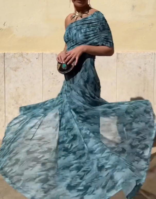 Tie-Dye One-Shoulder Mesh Fishtail Maxi Dress