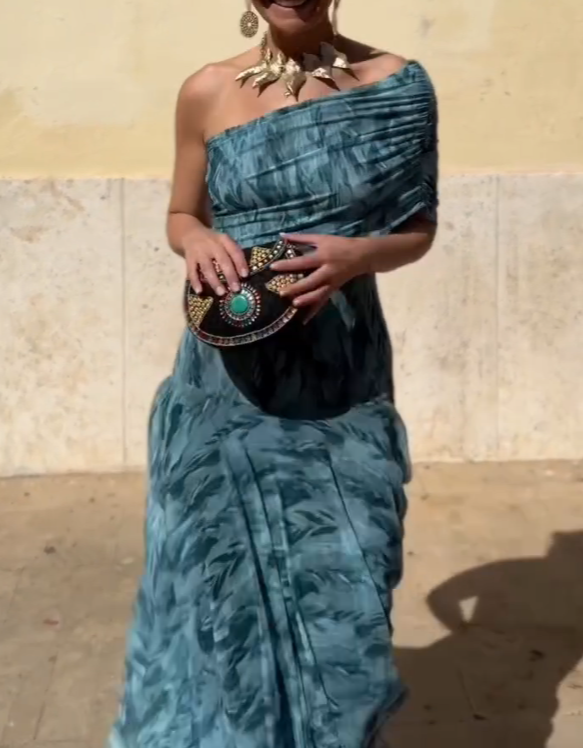 Tie-Dye One-Shoulder Mesh Fishtail Maxi Dress