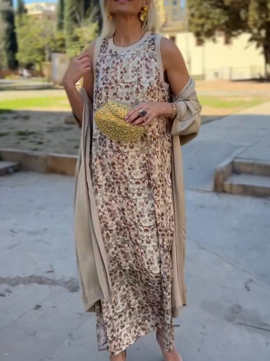 Retro Print Sleeveless Satin Dress