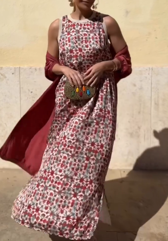 Retro Print Sleeveless Satin Dress