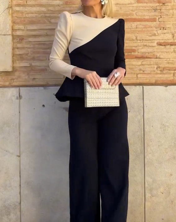 Black and White Color-Blocked Puff Shoulder Set