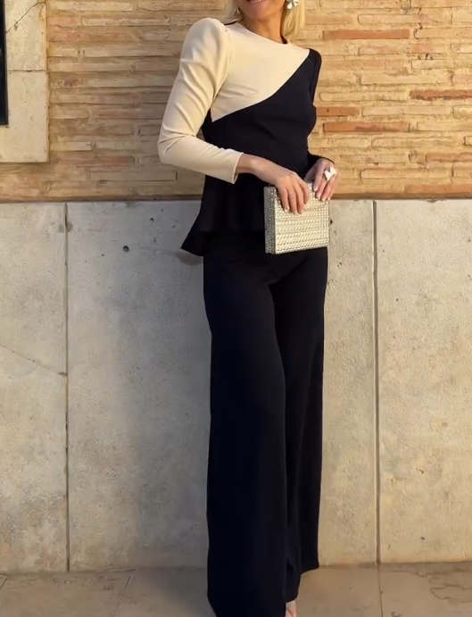 Black and White Color-Blocked Puff Shoulder Set