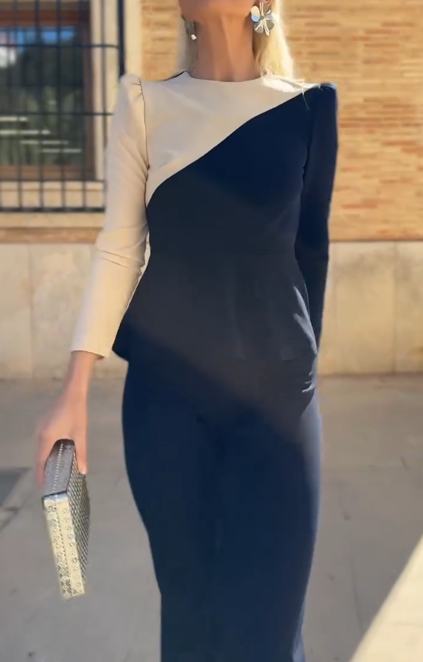 Black and White Color-Blocked Puff Shoulder Set