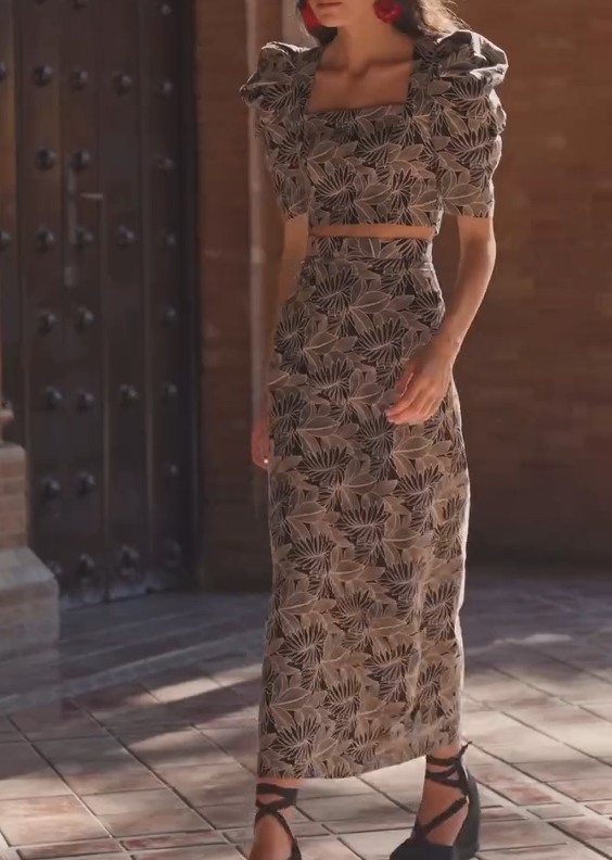 Retro Floral Print Puff Sleeve Skirt Set