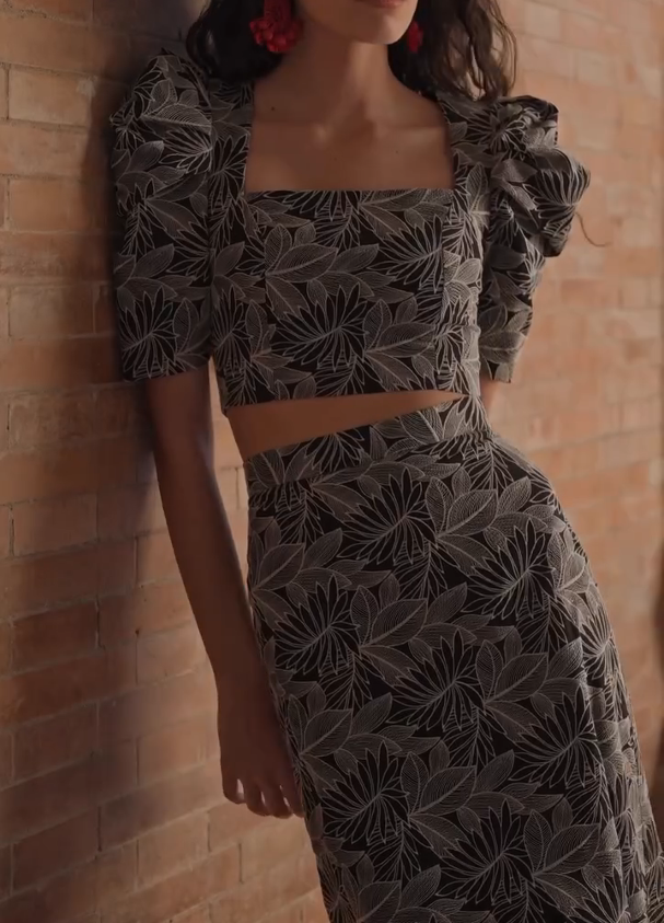Retro Floral Print Puff Sleeve Skirt Set