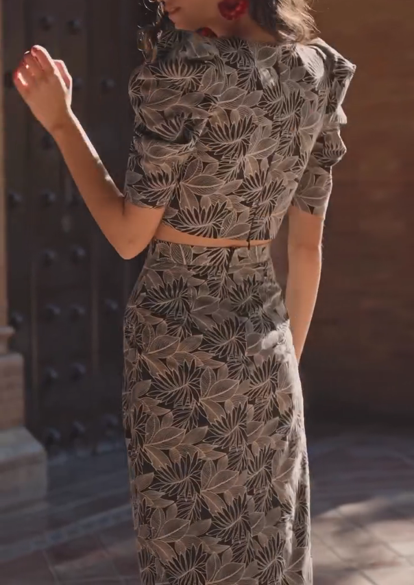 Retro Floral Print Puff Sleeve Skirt Set