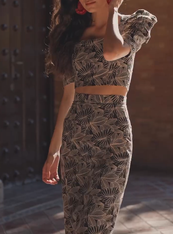 Retro Floral Print Puff Sleeve Skirt Set