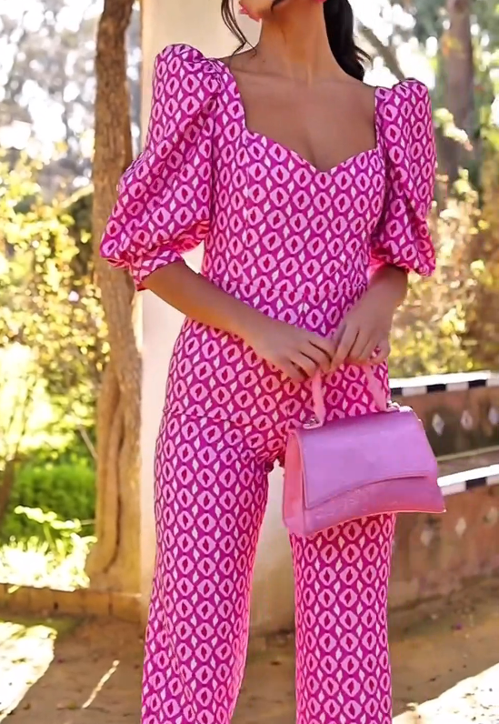 Pink Puff Sleeve Printed Jumpsuit