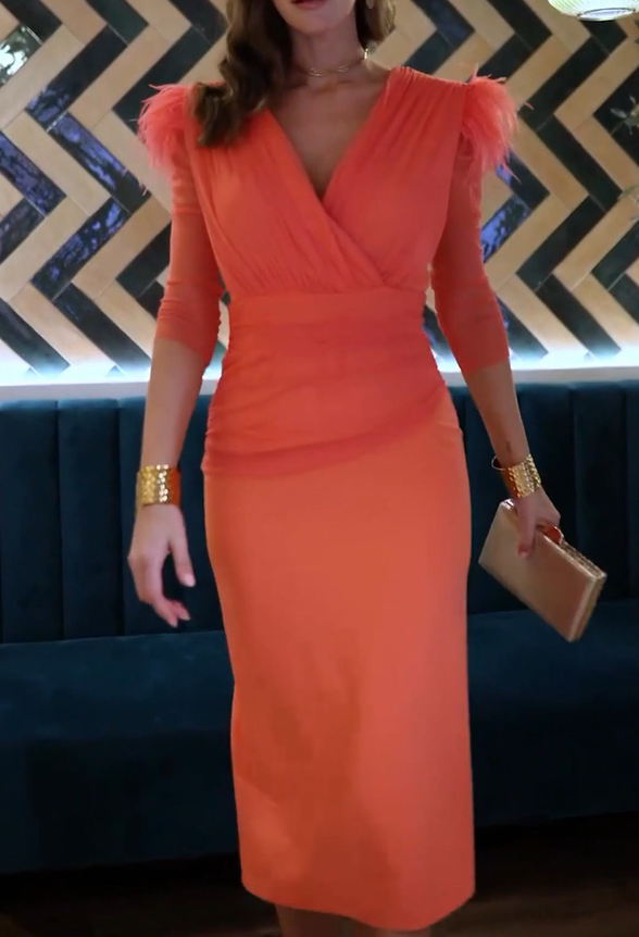 Coral Orange Feather V-Neck Midi Dress