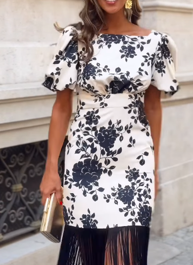 Black and White Rose Print Backless Tassel Dress