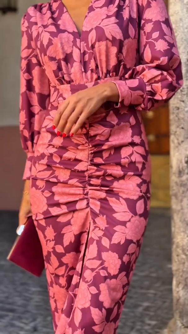 Pink and Purple Rose Print V-Neck Dress