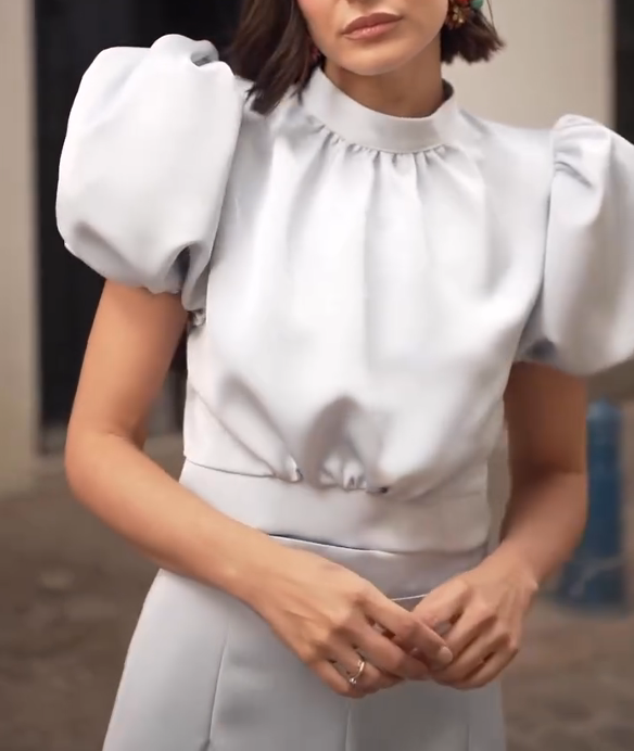Light Silver-Grey Satin Dress with Puff Sleeves