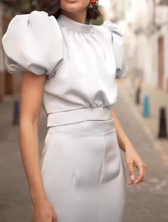 Light Silver-Grey Satin Dress with Puff Sleeves